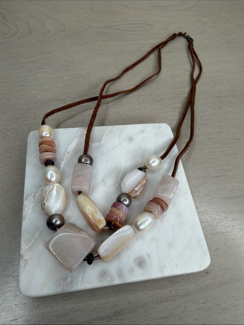 Vintage Tica Rosa Pearl and Gemstone Leather Cord Necklace